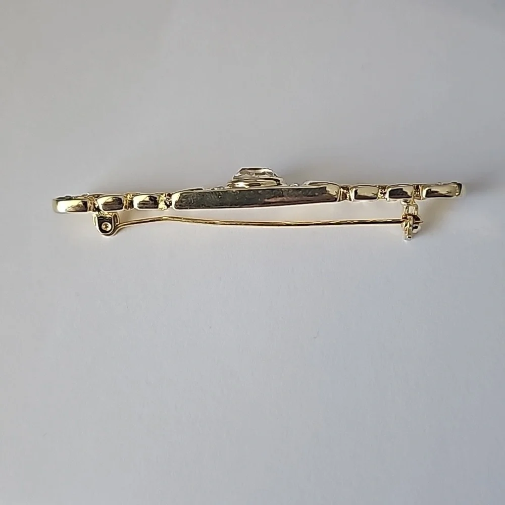 Vintage Gold Tone Metal and Rhinestone Chain Link Bar Brooch